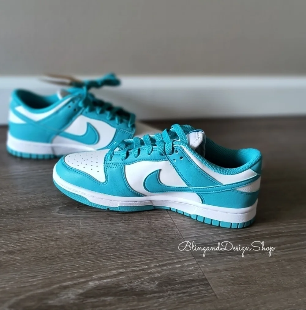 Nike Dunk Low Womens Teal Sneakers Shoes Customized with Swarovski Crystals
